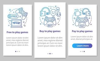 Buying apps and games onboarding mobile page screen with linear concepts. Free, pay to play walkthrough steps graphic instructions. UX, UI, GUI vector template with illustrations