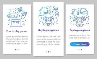 Buying apps and games onboarding mobile page screen with linear concepts. Free, pay to play walkthrough steps graphic instructions. UX, UI, GUI vector template with illustrations