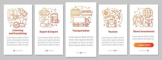 International business onboarding mobile app page screen with linear concepts. Global trading. Export, import, tourism, franchising walkthrough steps. UX, UI, GUI vector template with illustrations