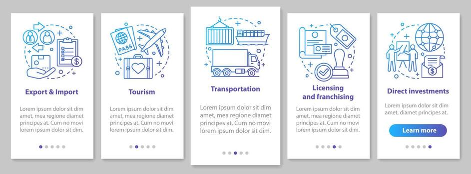 International business onboarding mobile app page screen with linear concepts. Global trading. Export, import, tourism, franchising walkthrough steps. UX, UI, GUI vector template with illustrations