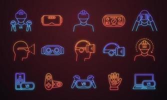 Virtual reality neon light icons set. VR games, apps, headset, controllers, players. Virtual reality devices. Glowing signs. Vector isolated illustrations