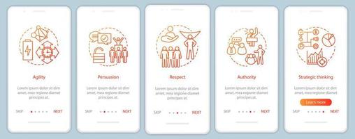 Leadership qualities onboarding mobile app page screen vector template. HR soft skills. Agility, authority, persuasion walkthrough website steps. UX, UI, GUI smartphone interface concept
