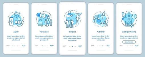 Leader skills onboarding mobile app page screen vector template. HR soft qualities, abilities. Respect, authority, persuasion walkthrough website steps. UX, UI, GUI smartphone interface concept