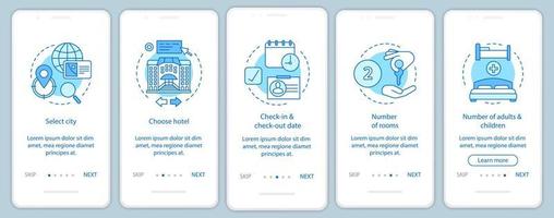 Accommodation booking onboarding mobile app screen vector template. Travel planning walkthrough website steps. Choosing hotel, apartment. Hostel, motel reservation. UX, UI, GUI smartphone interface