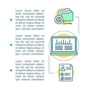 Data storage and management article page vector template. Statistcs, analytics. Brochure, magazine, booklet design with text boxes. Database. Print design. Concept illustrations with text space