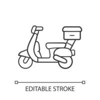 Scooter delivery linear icon. Motorcycle with parcels. Motorbike transporting packages. Motor bike courier, messenger. Postal service. Contour symbol. Vector isolated outline drawing. Editable stroke