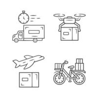 Delivery linear icons set. Thin line contour symbols. Shipping service. Drone, plane, bicycle delivery. Logistics and distribution. Postal service. Isolated vector illustrations. Editable stroke