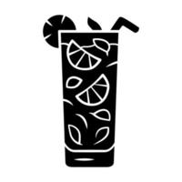 Moxito glyph icon. Mojito cocktail in highball glass slice of citrus and straw. Mixed drink with mint and lemon. Silhouette symbol. Negative space. Vector isolated illustration