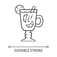 Hot toddy linear icon. Hot whiskey in Irish coffee glass. Spiced drink in footed tumbler with handle. Thin line illustration. Contour symbol. Vector isolated outline drawing. Editable stroke