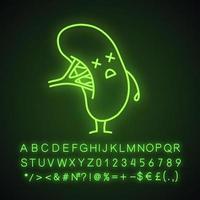 Unhappy human spleen character neon light icon. Unhealthy lymphatic system organ emoji. Glowing sign with alphabet, numbers and symbols. Vector isolated illustration