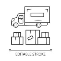 Heavy goods delivery linear icon. Cargo shipping lorry. Freight transportation truck. Delivery van. Postal service vehicle. Export and import. Contour symbol. Vector isolated drawing. Editable stroke