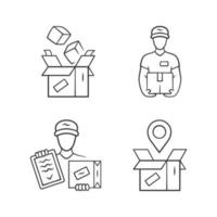 Delivery linear icons set. Parcel packing, deliveryman, order shipping. Shipment service. Logistics and distribution. Thin line contour symbols. Isolated vector outline illustrations. Editable stroke