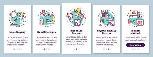 Pantalla de página de aplicación móvil de incorporación de ingeniería biomédica con conceptos lineales. cirugía laser. química de la sangre. instrucciones gráficas de cinco pasos de tutorial. ux, ui, plantilla de vector de interfaz gráfica de usuario, ilustraciones