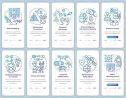 Robotics courses onboarding mobile app page screen vector template set. Modeling, development of robots. Walkthrough website steps with linear illustrations. UX, UI, GUI smartphone interface concept
