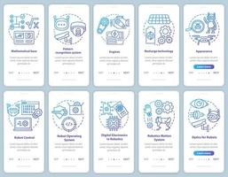 Robotics courses onboarding mobile app page screen with linear concepts set. Robots engineering sections walkthrough steps graphic instructions. UX, UI, GUI vector template with illustrations