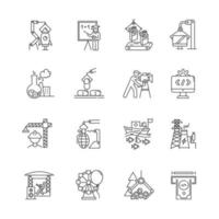 Industry types linear icons set. Goods and services production. Technology development. Human activities for profit. Thin line contour symbols. Isolated vector outline illustrations. Editable stroke