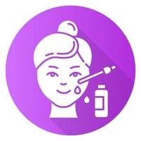 Using serum purple flat design long shadow glyph icon. Skin care procedure. Facial beauty treatment. Lifting and exfoliating effect. Oil product for skin. Vector silhouette illustration