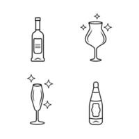 Alcohol drink glassware linear icons set. Wine service. Crystal glasses shapes. Red wine bottles with labels. Thin line illustration. Contour symbol. Vector isolated outline drawing. Editable stroke