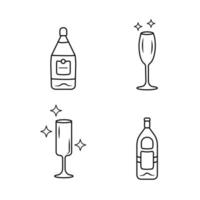Alcohol drink glassware linear icons set. Wine service. Crystal glasses shapes. Wine and gin bottles with labels. Thin line contour symbols. Isolated vector outline illustrations. Editable stroke