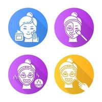 Skin care procedures flat design long shadow glyph icons set. Applying exfoliating cream. Using thermal mask to open up pores. Liquid mask for facial treatment. FVector silhouette illustration vector