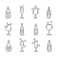 Conjunto de iconos lineales de cristalería de bebida de alcohol. Botellas de vino. formas de vasos de cristal. bebidas y tipos de bebidas. símbolos de contorno de línea fina. ilustraciones de contorno de vector aislado. trazo editable