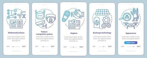 Technology in robotics onboarding mobile app page screen vector template. Engineering autonomous devices. Walkthrough website steps with linear illustrations. UX, UI, GUI smartphone interface concept