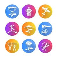 Air extreme sports flat design long shadow glyph icons set. Skydiving, parachuting, hang gliding, wingsuiting. Aerobatics, highlining, paragliding. Vector silhouette illustration