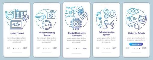 Robotics courses onboarding mobile app page screen vector template. Robots learning and development. Walkthrough website steps with linear illustrations. UX, UI, GUI smartphone interface concept