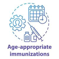 Age appropriate immunizations blue concept icon. Vaccination schedule idea thin line illustration. Healthcare, syringe, calendar. Medication timing. Vector isolated outline drawing