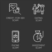 Scam types chalk icons set. Credit-for-sex fraudulent scheme. Phone, smishing trick. Online dating fraud. Financial scamming. Illegal money gain. Isolated vector chalkboard illustrations