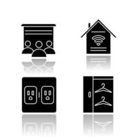 Apartment amenities drop shadow black glyph icons set. Movie theater, s mart home features, charging outlets, walk in closet. Residential services. Comfortable house. Isolated vector illustrations