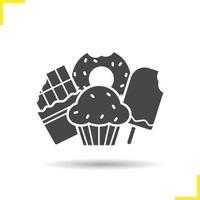 Confectionery icon. Negative space. Drop shadow silhouette symbol. Chocolate bar, muffin with raisins, ice cream and bitten doughnut. Vector isolated illustration