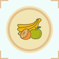 icono de color de fruta. racimo de plátanos, limón cortado a la mitad y manzana. productos de la tienda de comestibles vector ilustración aislada