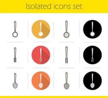 Kitchen instruments icons set. Flat design, linear, black and color styles. Cooking tools. Skimmer, ladle and carving fork isolated vector illustrations