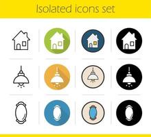 Household items icons set. Flat design, linear, black and color styles. House, ceiling lamp and framed wall mirror. Isolated vector illustrations