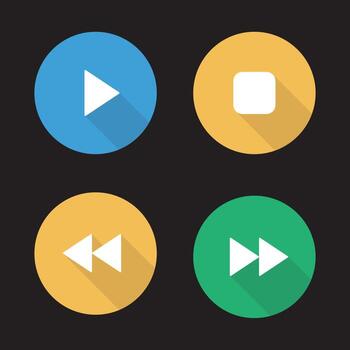 Audio player flat design long shadow icons set. Play, stop, forward and backward buttons. Vector symbols