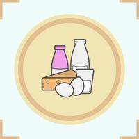 icono de color de productos lácteos. yogur, botella y vaso de leche, huevos y queso. artículos de la tienda de comestibles vector ilustración aislada