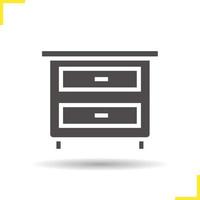 Nightstand icon. Drop shadow silhouette symbol. Bedside table with drawers. Vector isolated illustration