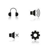 Audio player interface drop shadow black icons set. Mute on and off buttons, headphones and settings symbols. Music player menu isolated vector illustrations