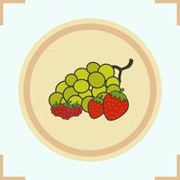 Berries color icon. Grocery store items. Bunch of green grapes, strawberry and raspberry on wooden plate. Vector isolated illustration