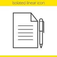 Contract linear icon. Business paper with pen. Agreement thin line illustration. Official document contour symbol. Vector isolated outline drawing