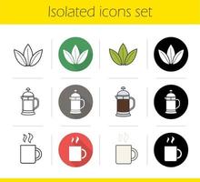 Tea icons set. Flat design, linear, black and color styles. Loose tea leaves, french press, hot steamy mug. Isolated vector illustrations