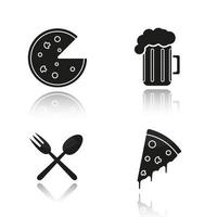 Pizzeria drop shadow black icons set. Pizza slice, foamy beer glass, eatery fork and spoon symbol. Isolated vector illustrations