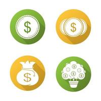 conjunto de iconos de larga sombra de diseño plano de dinero. monedas de dólar, bolsa de dinero y árbol. símbolos vectoriales vector