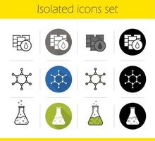 Petroleum industry icons set. Flat design, linear, black and color styles. Oil barrels, molecular structure, chemical reaction. Flask with poison and molecule isolated vector illustrations