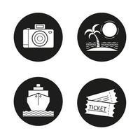 Travelling icons set. Holidays. Slr photo camera, sunny island with palm, cruise ship, tickets. Vector white illustrations in black circles