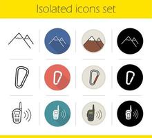 Hiking icons set. Flat design, linear, black and color styles. Mountaineering equipment. Mountain range, carabiner, spring hook, radio set. Climbing isolated vector illustrations