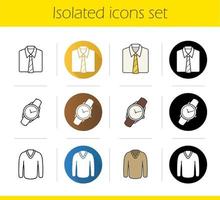 Men's accessories and clothes icons set. Flat design, linear, black and color styles. Shirt and tie, wristwatch and pullover isolated vector illustrations