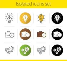 Business concepts icons set. Flat design, linear, black and color styles. Successful idea and work time symbols, cogwheels. Isolated vector illustrations