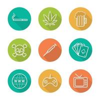 Addictions flat linear long shadow icons set. Smoking, alcohol, drugs, games, internet, tv, gambling signs. Cigarette, marijuana leaf, beer, skull, joystick, syringe. Bad habits vector line symbols